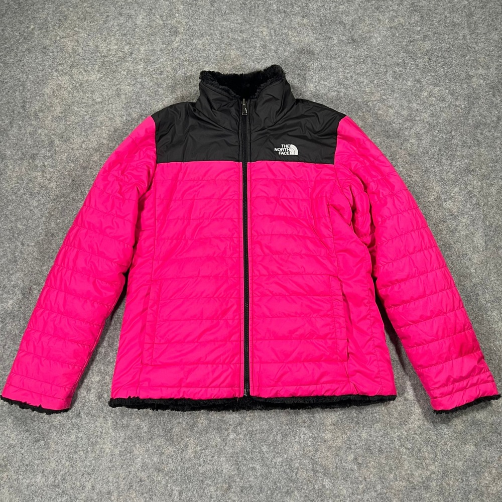 The North Face Jacket Girls XL Pink Black Puffer Quilted Fleece Lined Zip Coat